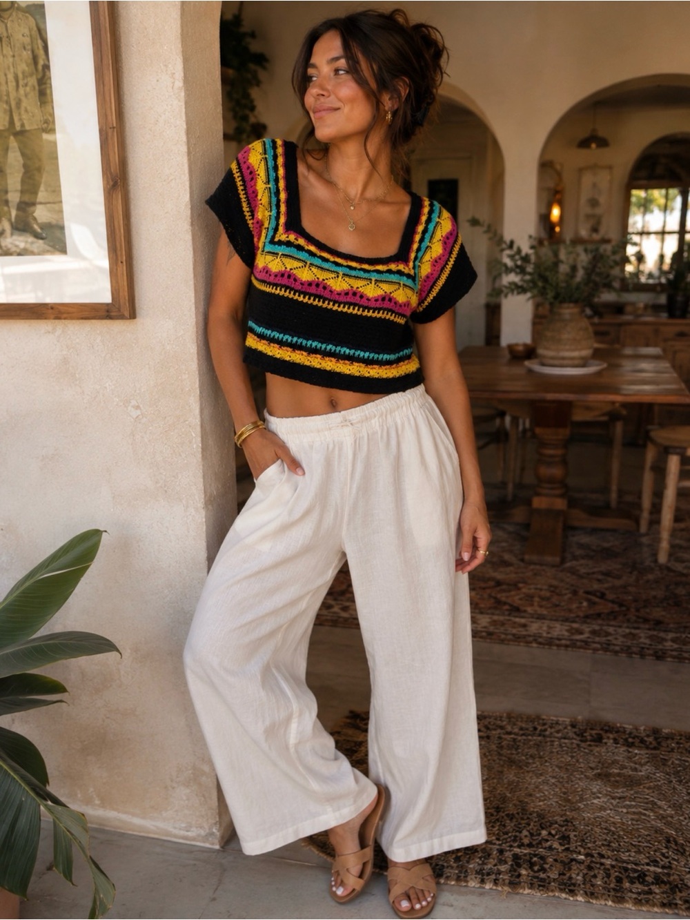 POL Colorful Crochet Square Neck Crop Top Size Small